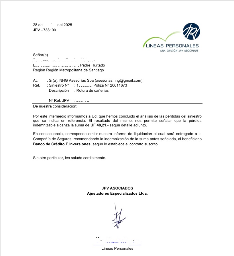 Informe de liquidación por rotura de cañería